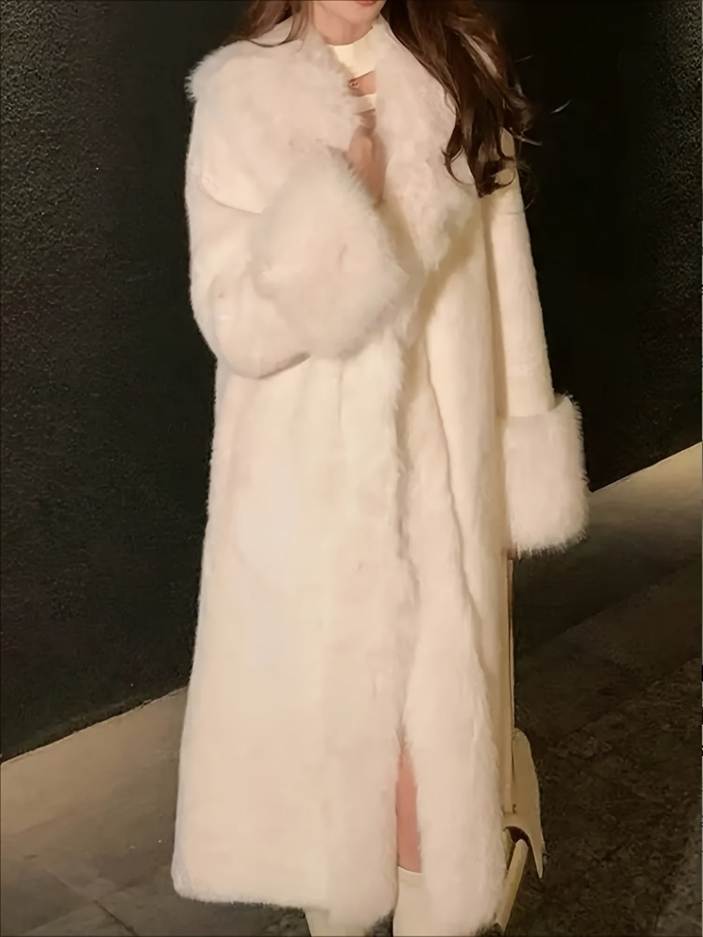 Women's Elegant Plush Faux Fur Trim Longline Coat