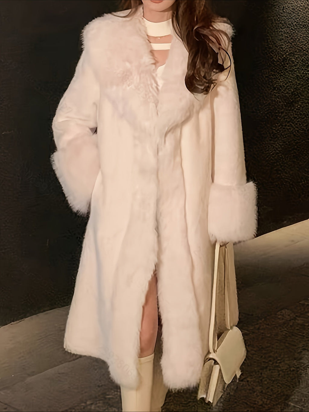 Women's Elegant Plush Faux Fur Trim Longline Coat