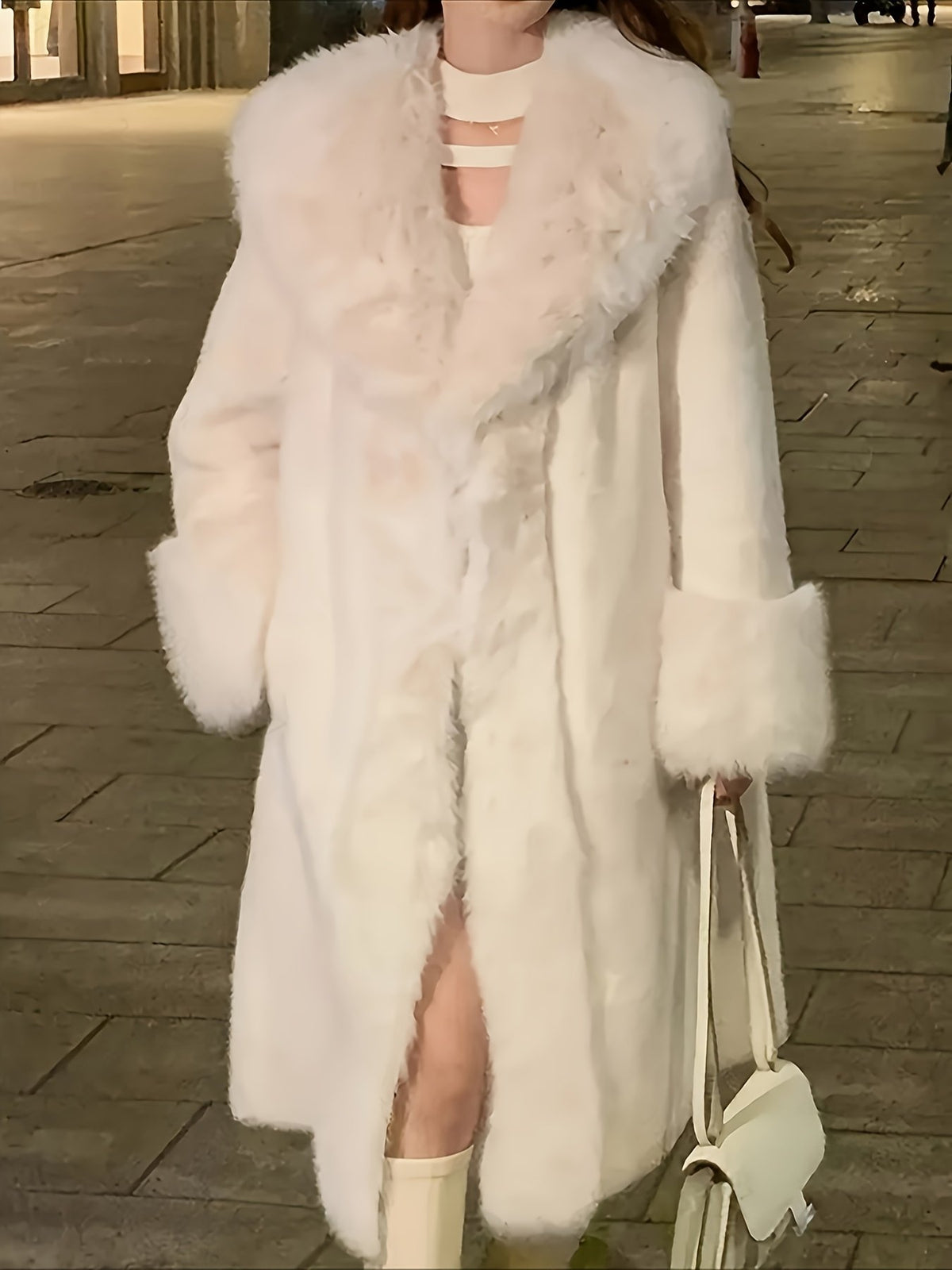 Women's Elegant Plush Faux Fur Trim Longline Coat