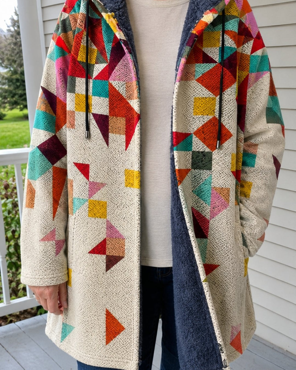Unisex Bohemian Patchwork Hooded Fleece-Lined Coat
