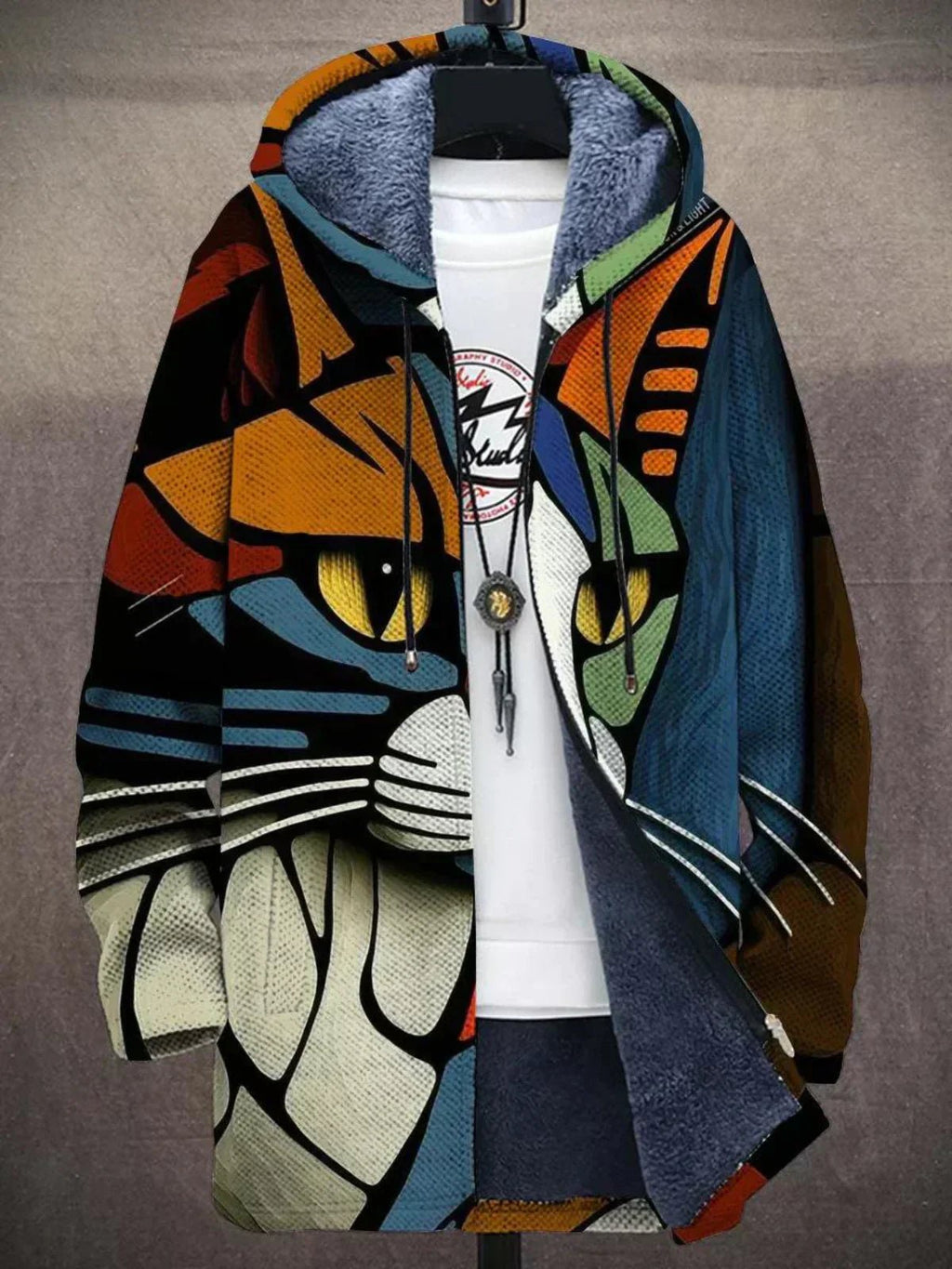 Women's Cosy Fleece-Lined Cat Print Hooded Coat