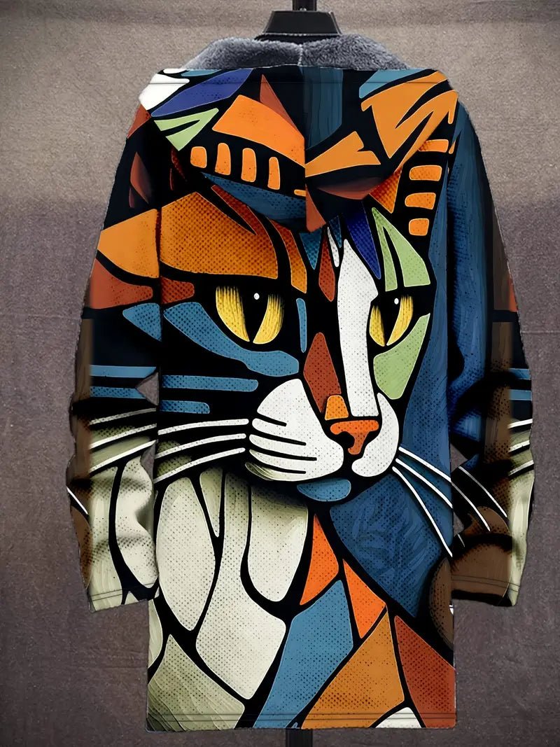 Women's Cosy Fleece-Lined Cat Print Hooded Coat