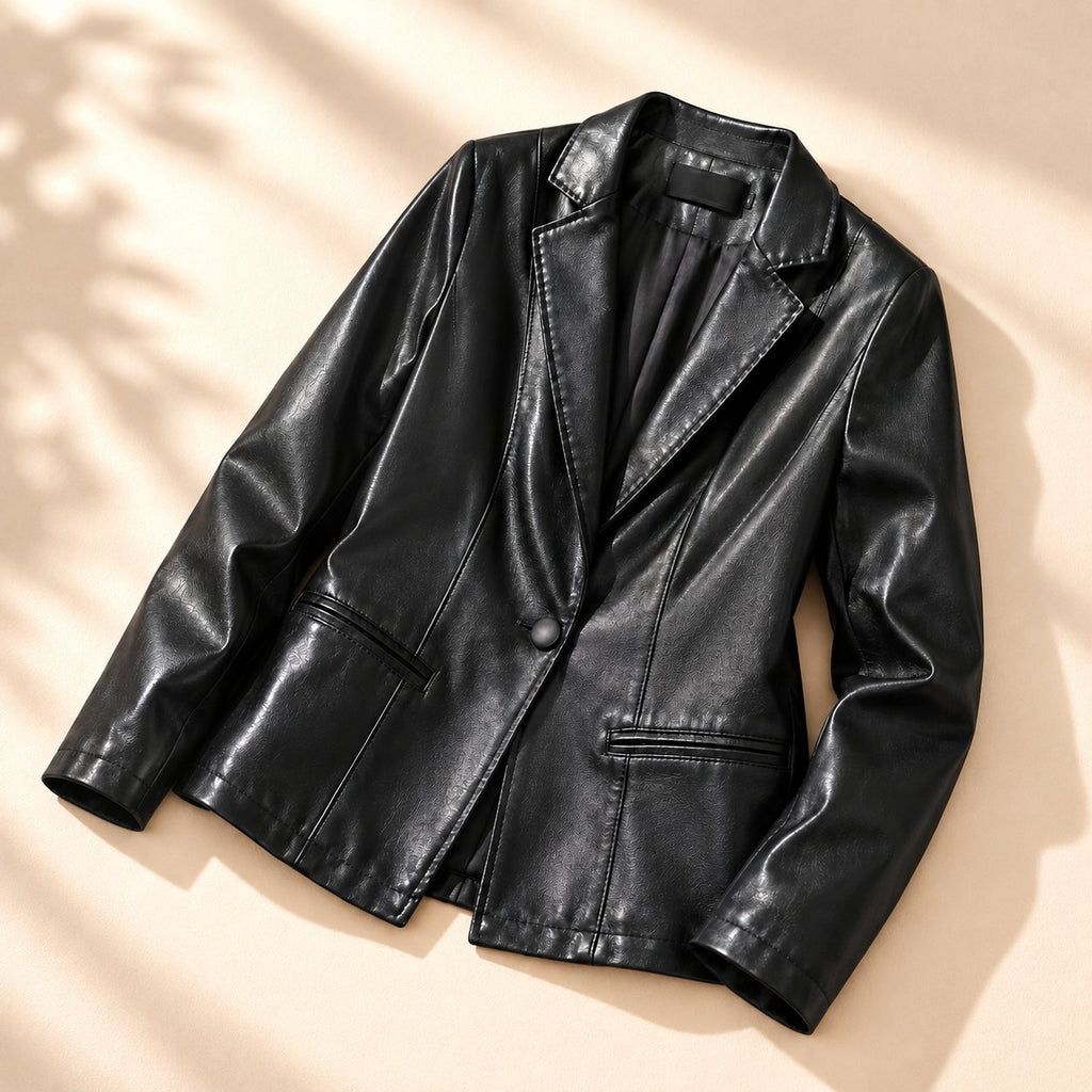 Women's Sophisticated Notched Lapel Faux Leather Blazer