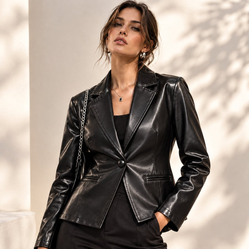 Women's Sophisticated Notched Lapel Faux Leather Blazer