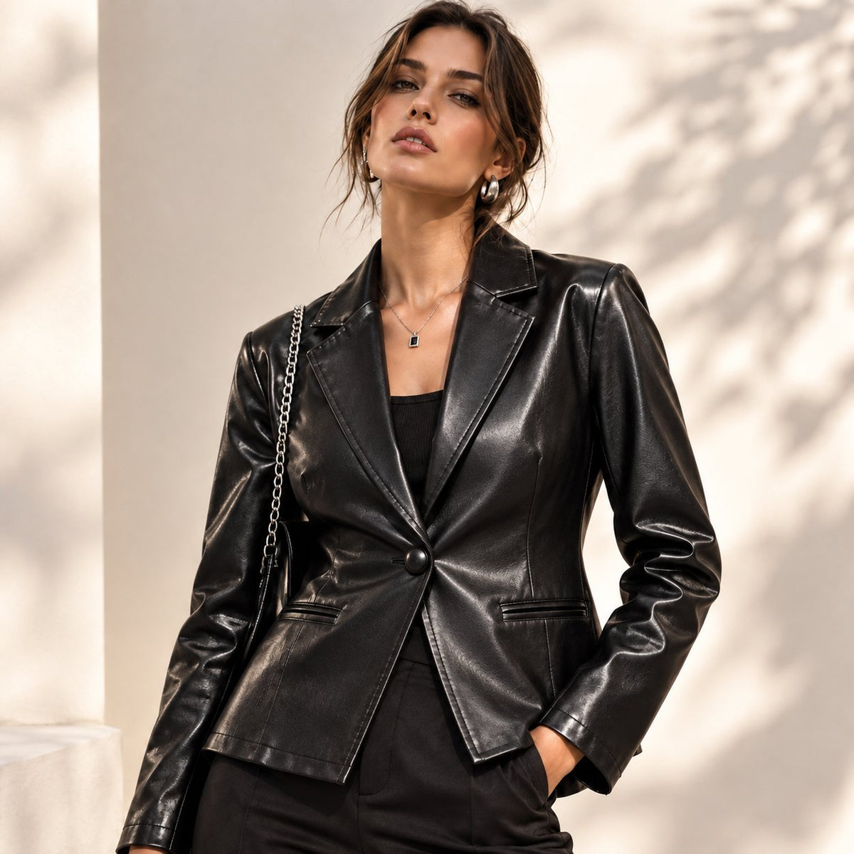 Women's Sophisticated Notched Lapel Faux Leather Blazer