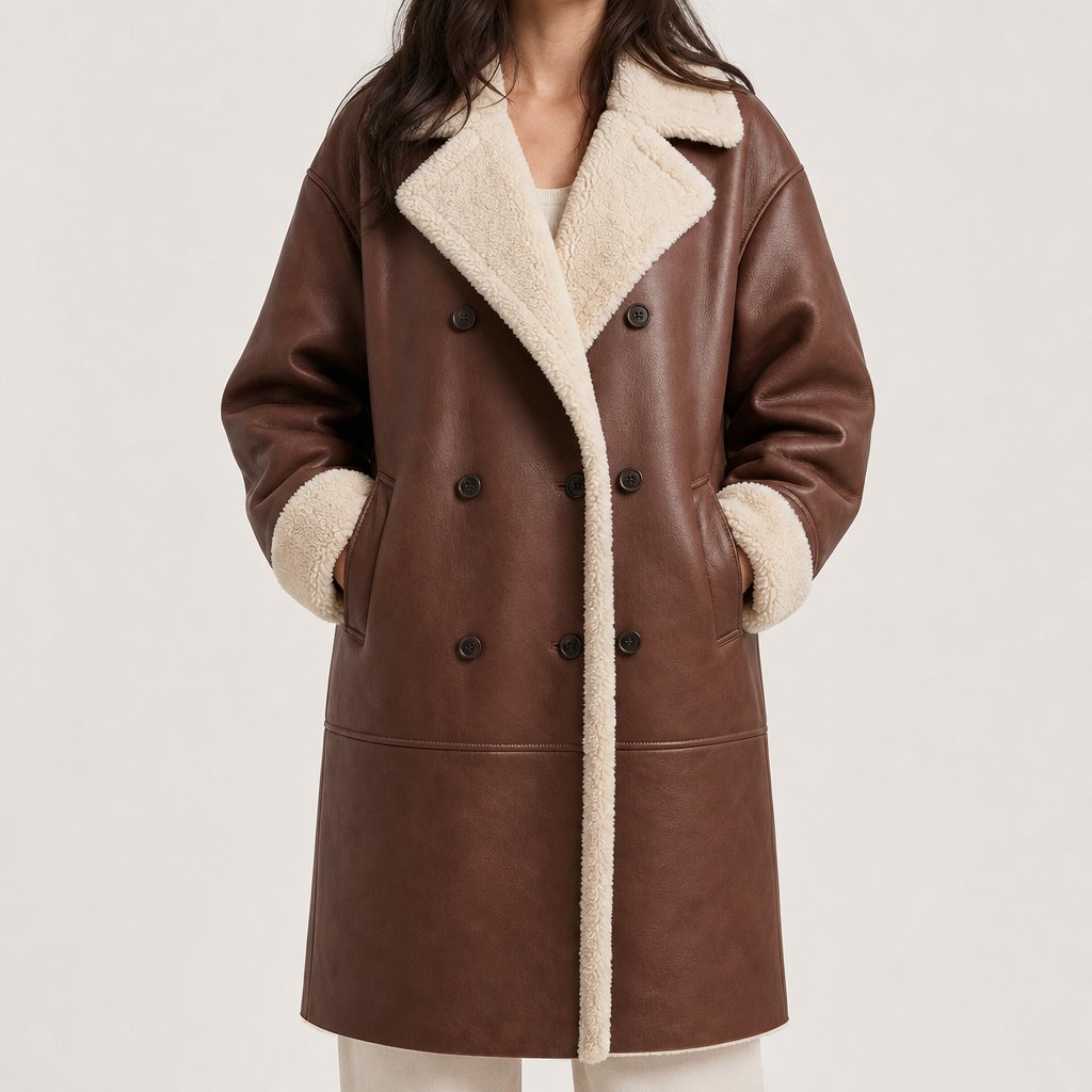 Women's Elegant Double-Breasted Teddy-Lined Coat