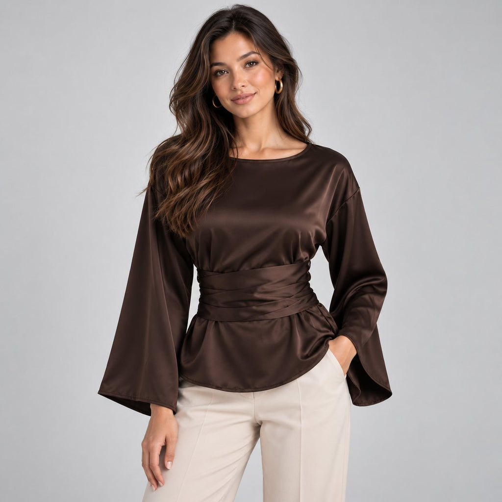 Women's Refined Satin-Look Tie Waist Blouse