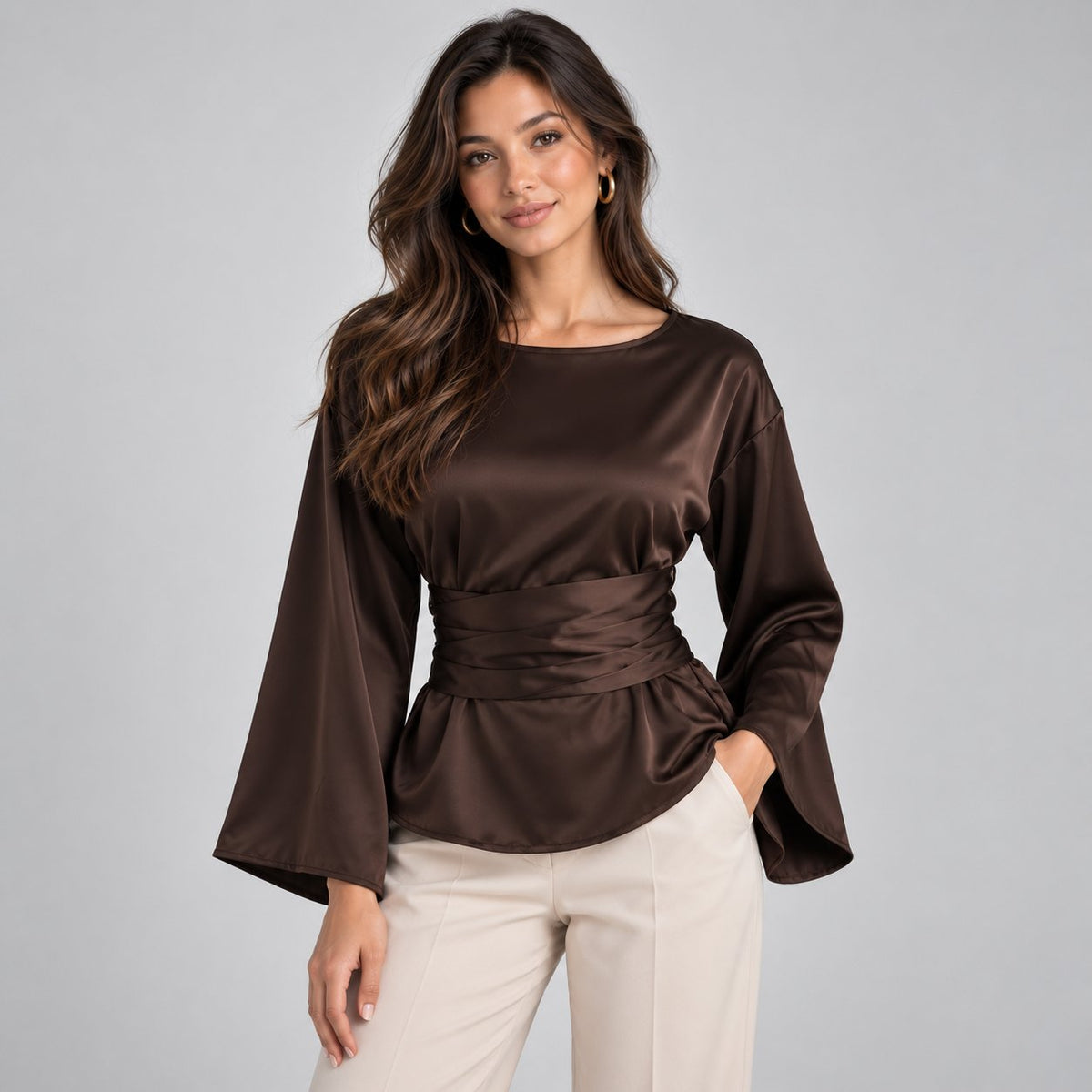 Women's Refined Satin-Look Tie Waist Blouse