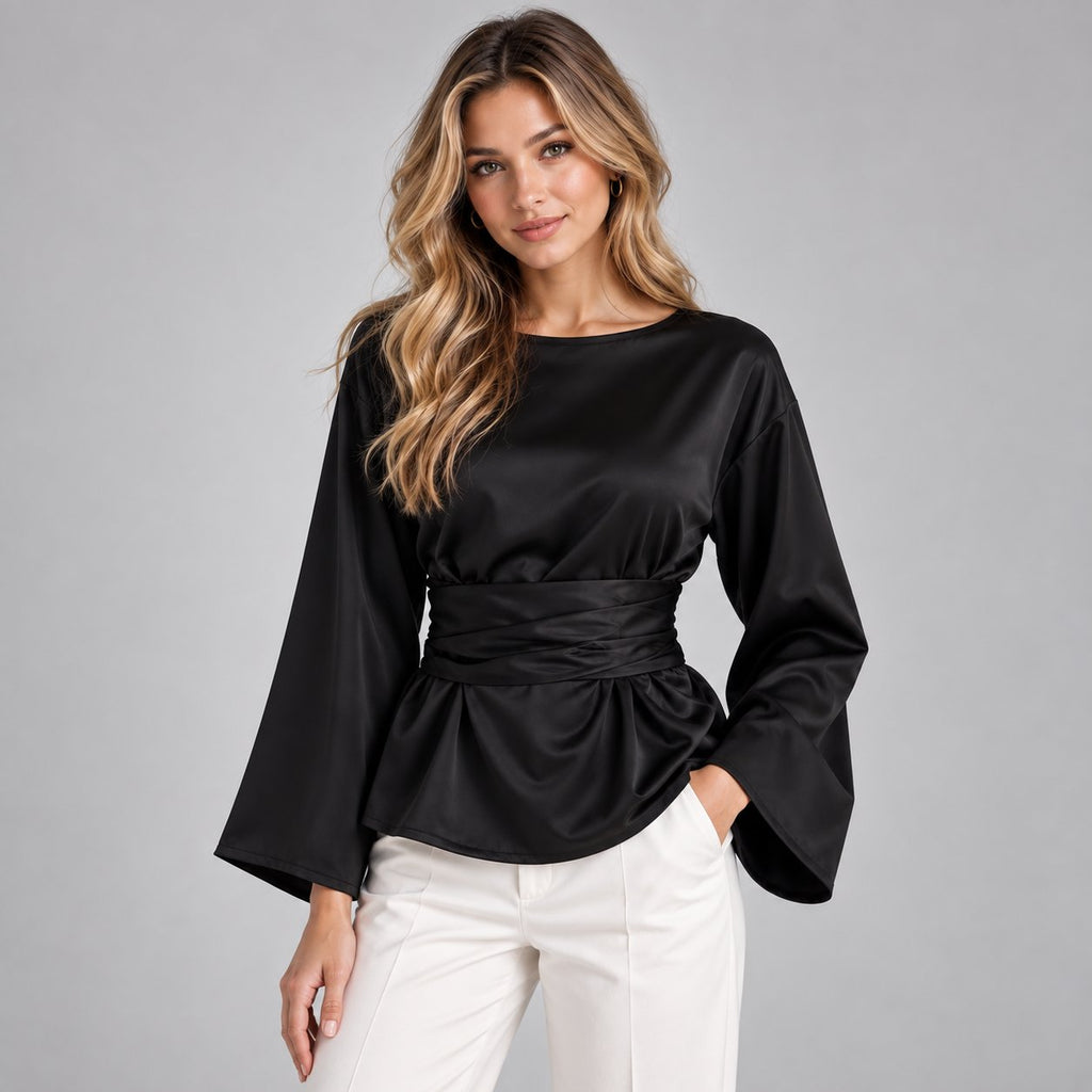 Women's Refined Satin-Look Tie Waist Blouse