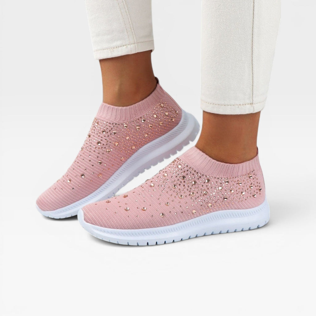 Women's Diamante Knit Slip On Trainers – Comfortable Crystal Walking Sneakers