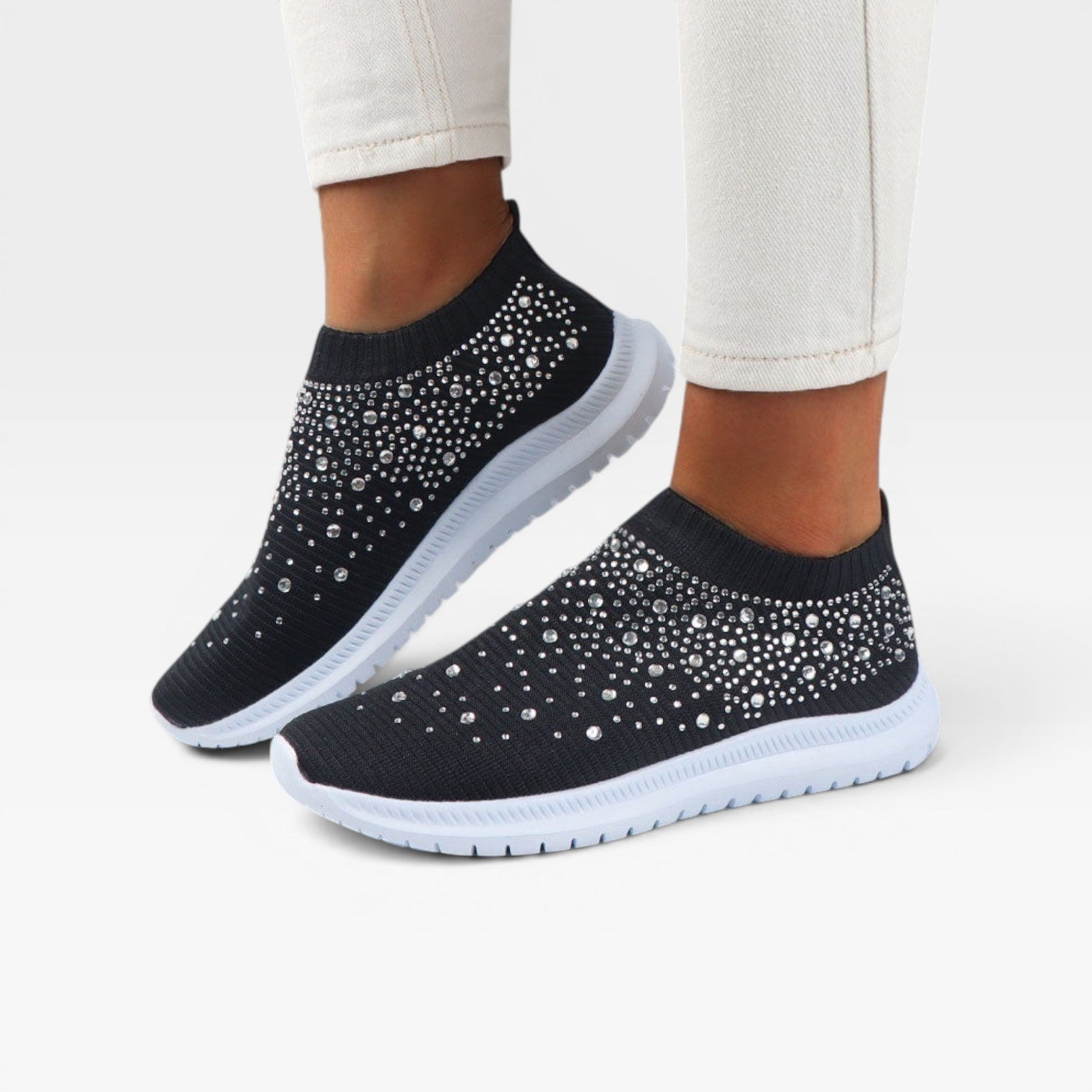 Women's Diamante Knit Slip On Trainers – Comfortable Crystal Walking Sneakers
