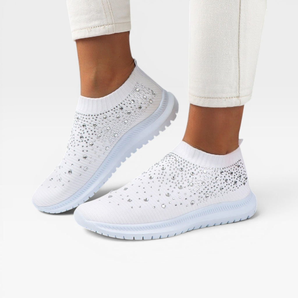 Women's Diamante Knit Slip On Trainers – Comfortable Crystal Walking Sneakers