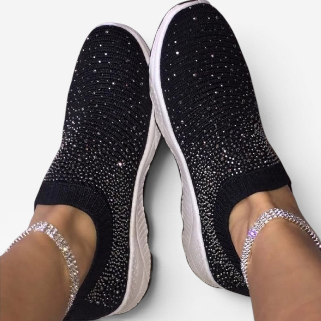 Women's Diamante Knit Slip On Trainers – Comfortable Crystal Walking Sneakers