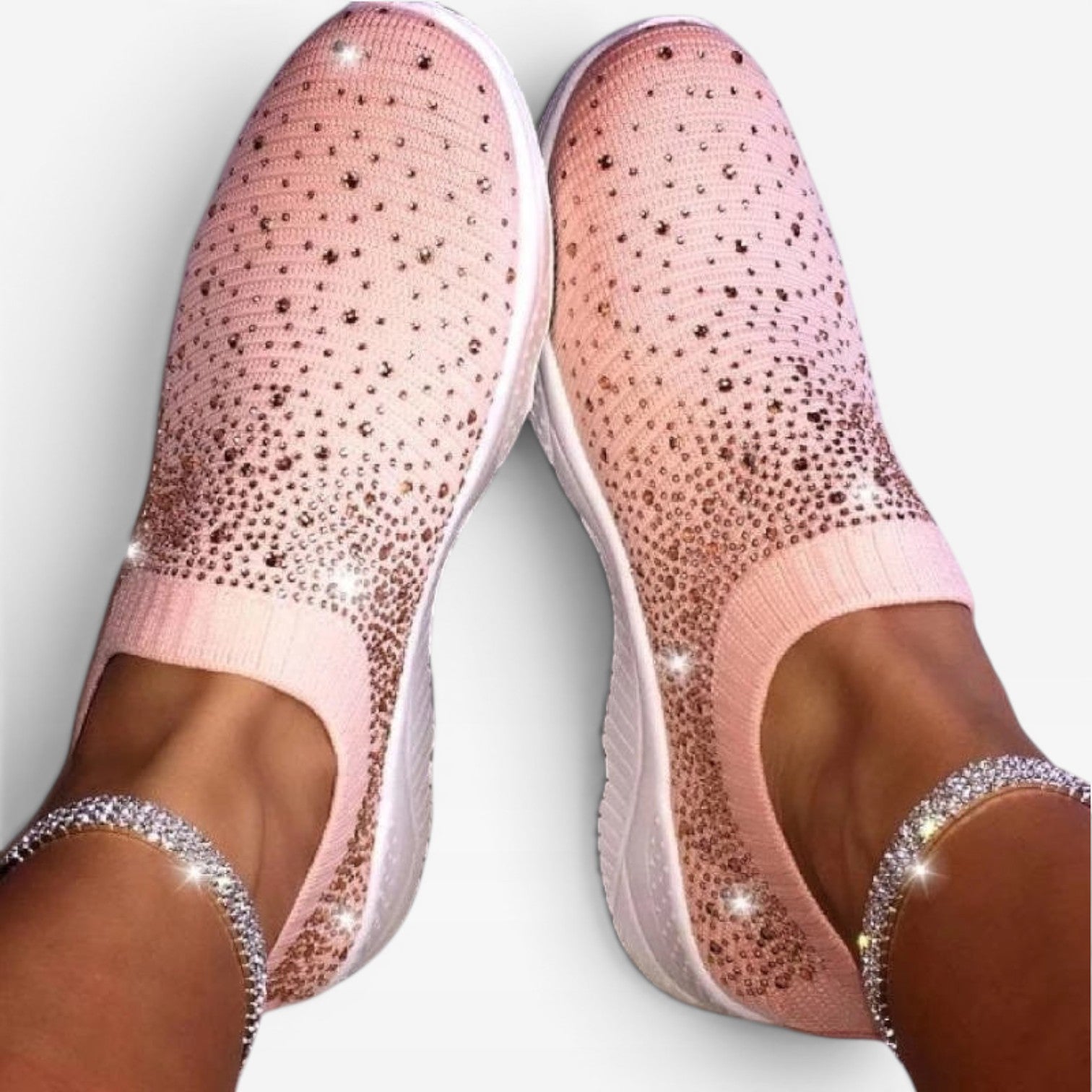 Women's Diamante Knit Slip On Trainers – Comfortable Crystal Walking Sneakers