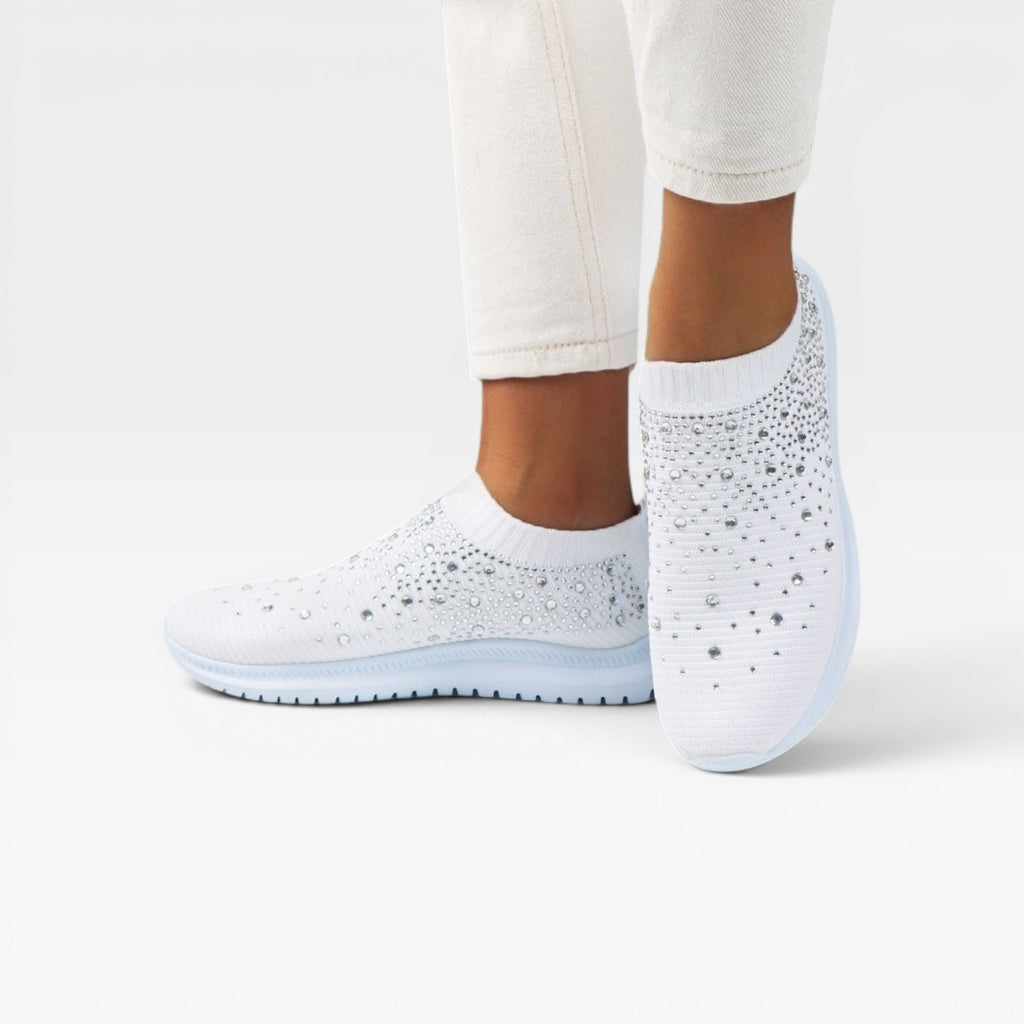Women's Diamante Knit Slip On Trainers – Comfortable Crystal Walking Sneakers