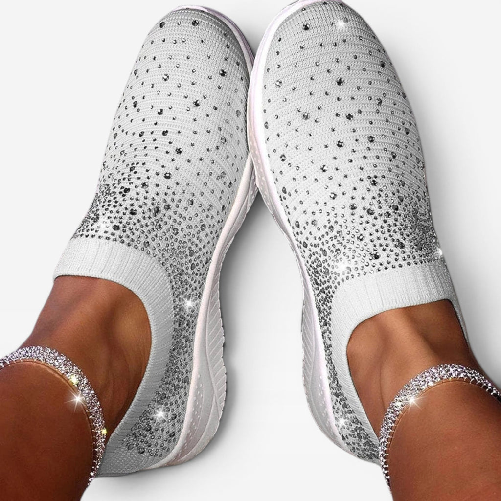 Women's Diamante Knit Slip On Trainers – Comfortable Crystal Walking Sneakers