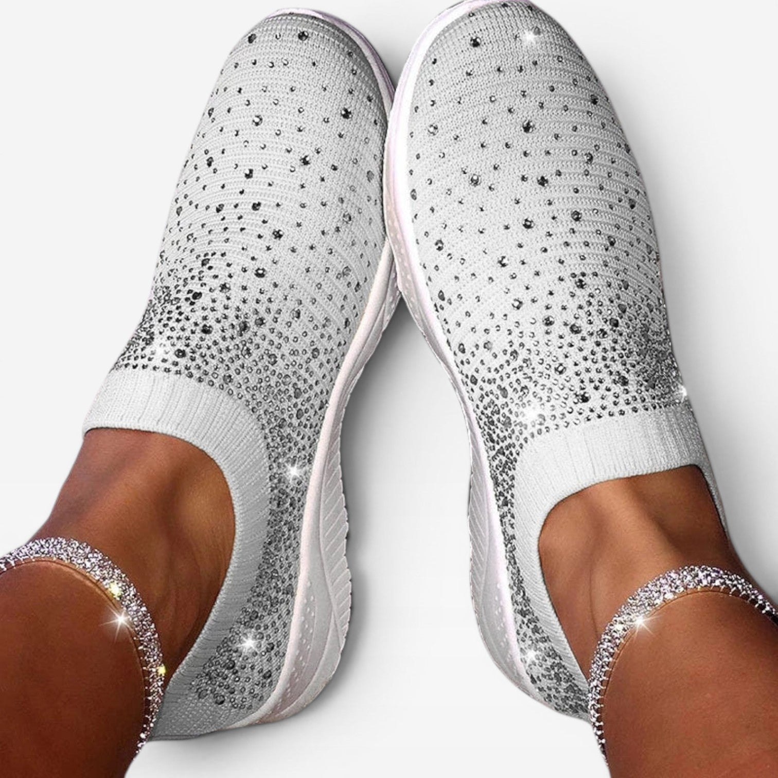 Women's Diamante Knit Slip On Trainers – Comfortable Crystal Walking Sneakers