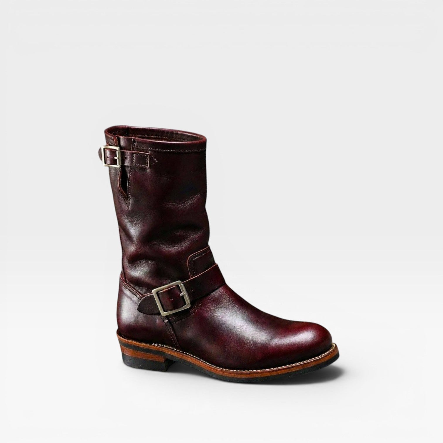 Bottes en cuir vieilli vintage pour hommes – Bottes style ingénieur mi-mollet avec boucle