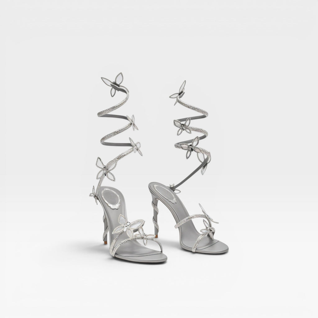 Women's Crystal Butterfly Spiral Heels – Elegant Strappy Sandals for Special Occasions