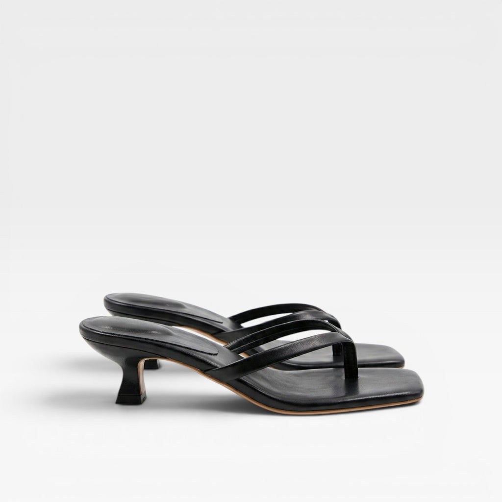 Women's Leather Thong Sandals – Square Toe Sculptural Kitten Heel Mules
