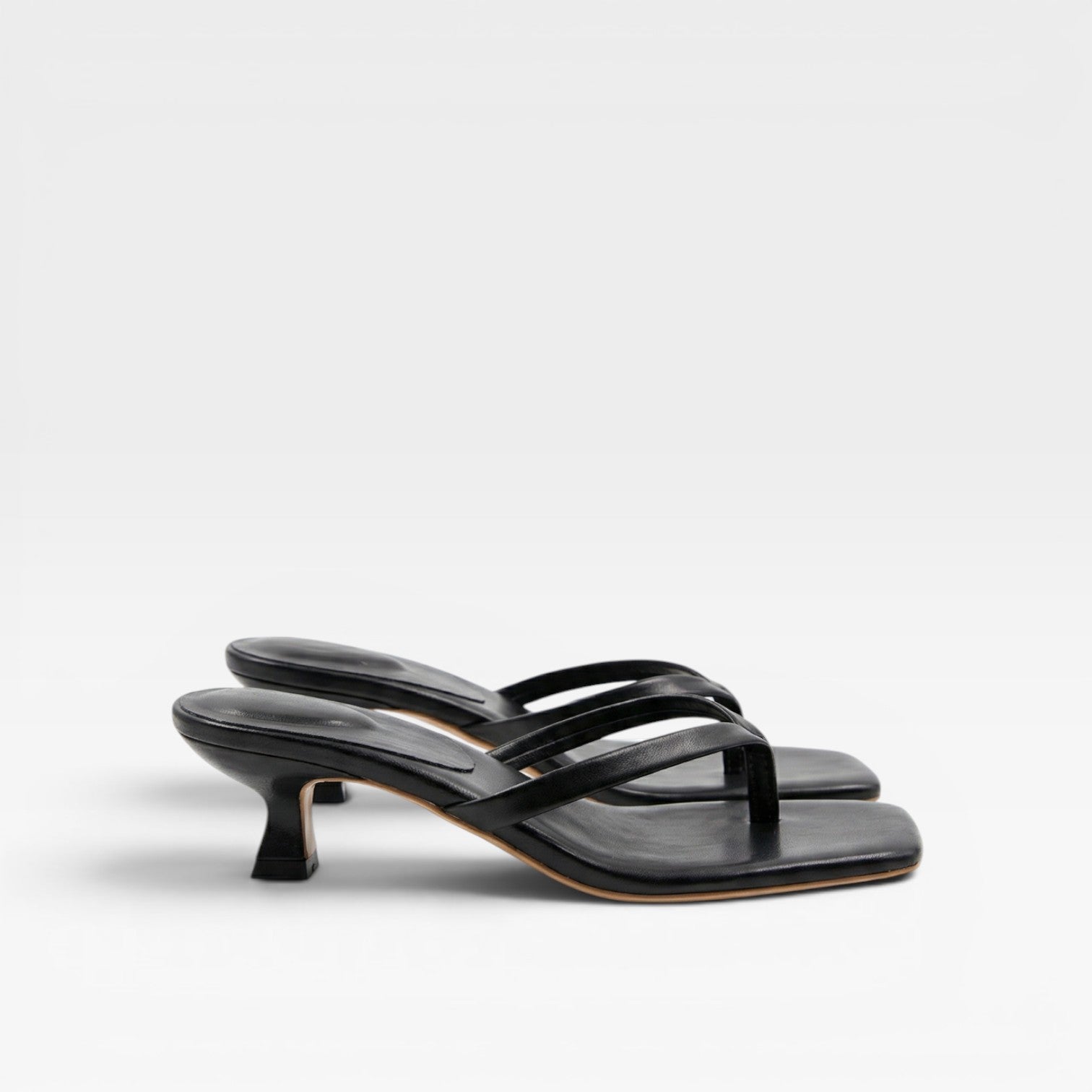 Women's Leather Thong Sandals – Square Toe Sculptural Kitten Heel Mules