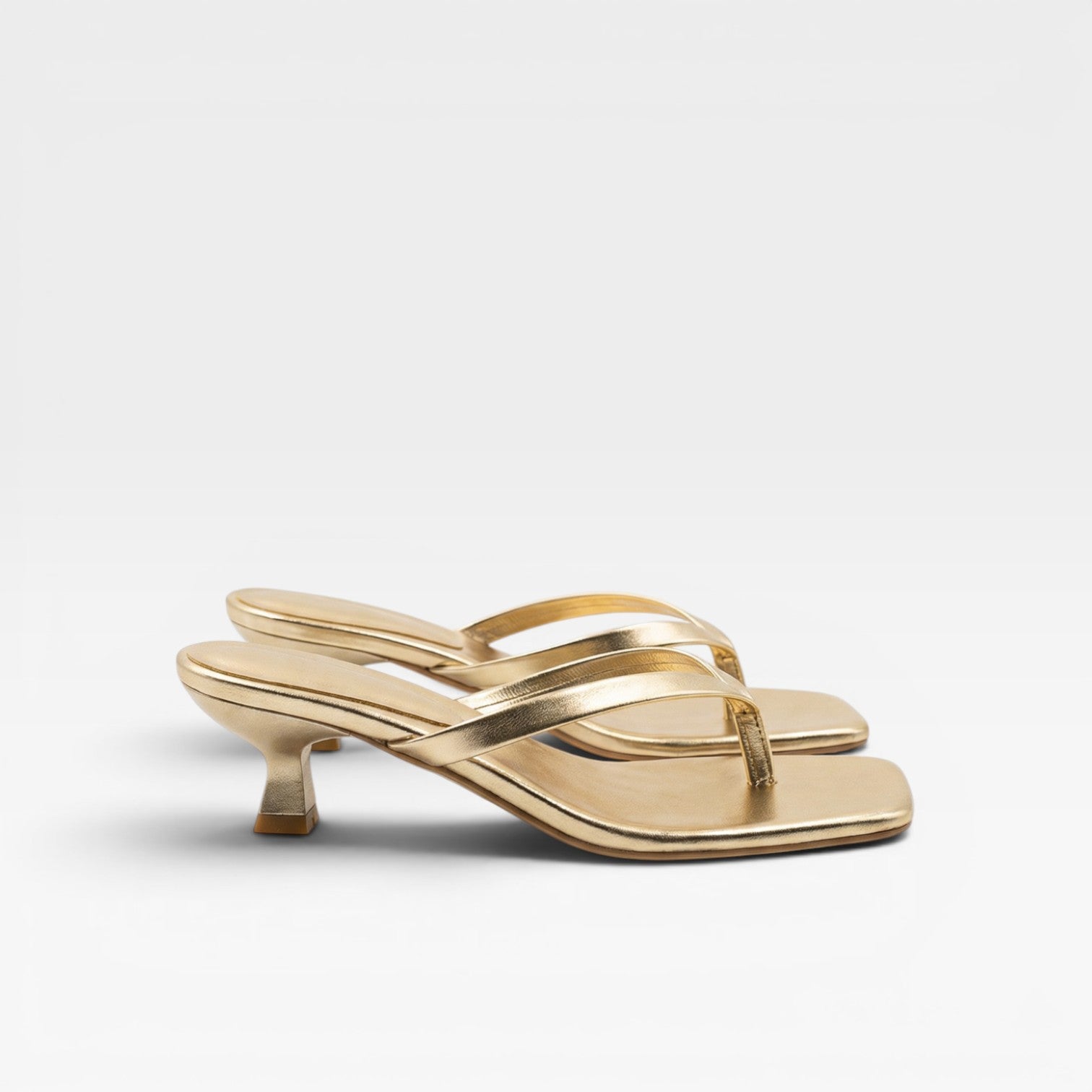 Women's Leather Thong Sandals – Square Toe Sculptural Kitten Heel Mules