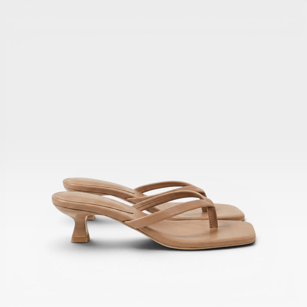 Women's Leather Thong Sandals – Square Toe Sculptural Kitten Heel Mules