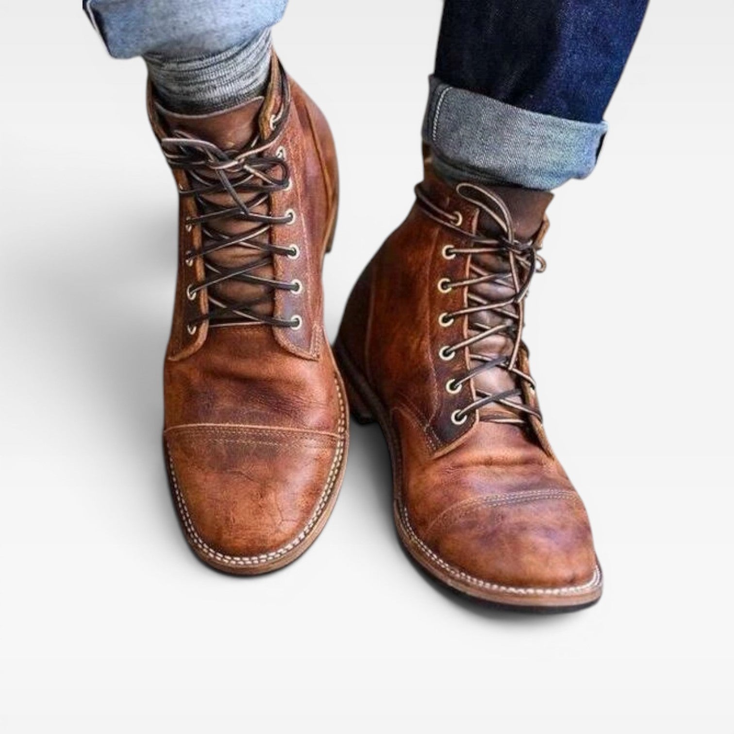 Bottes vintage en cuir pour hommes – Chaussures classiques à lacets avec bout renforcé