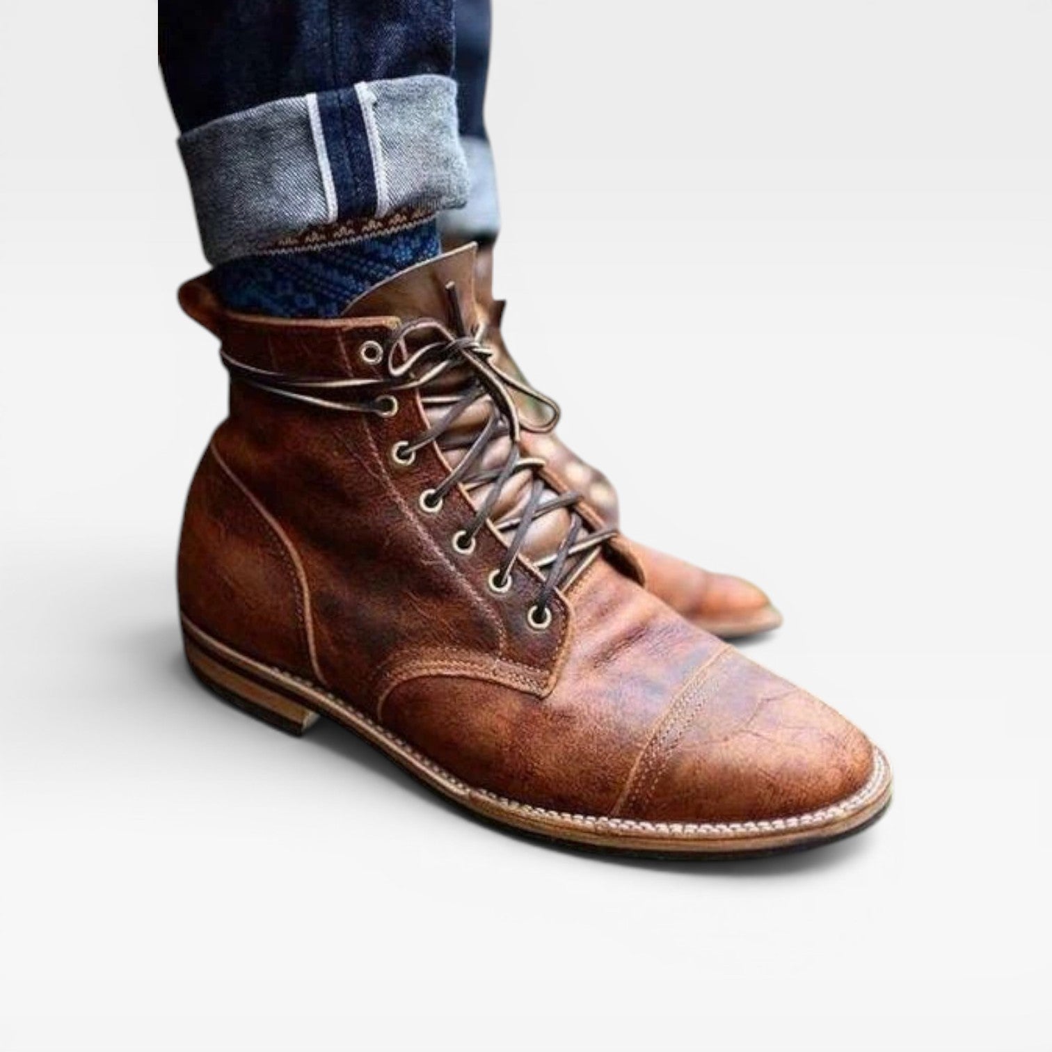 Bottes vintage en cuir pour hommes – Chaussures classiques à lacets avec bout renforcé