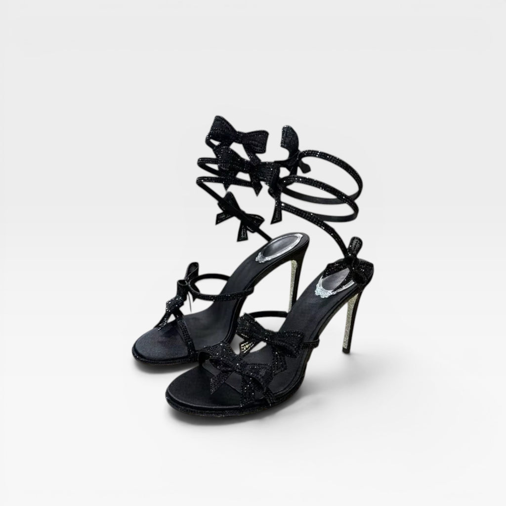 Women's Crystal Bow Heels – Elegant Satin Wrap Ankle Stiletto Sandals for Special Occasions