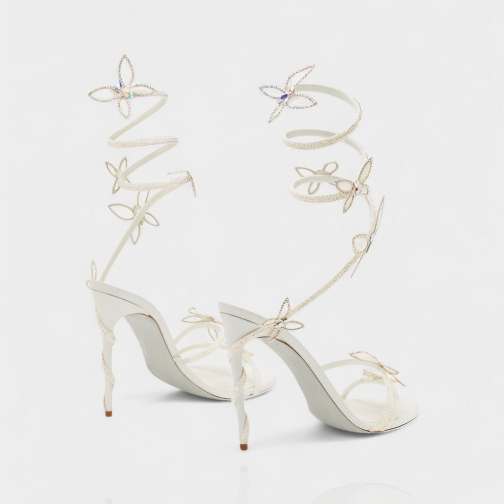 Women's Crystal Butterfly Spiral Heels – Elegant Strappy Sandals for Special Occasions