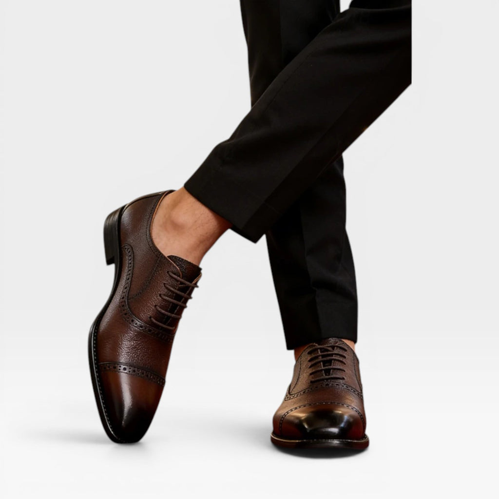 Men's Genuine Leather Oxford Shoes – Classic Cap Toe Brogue Dress Shoes