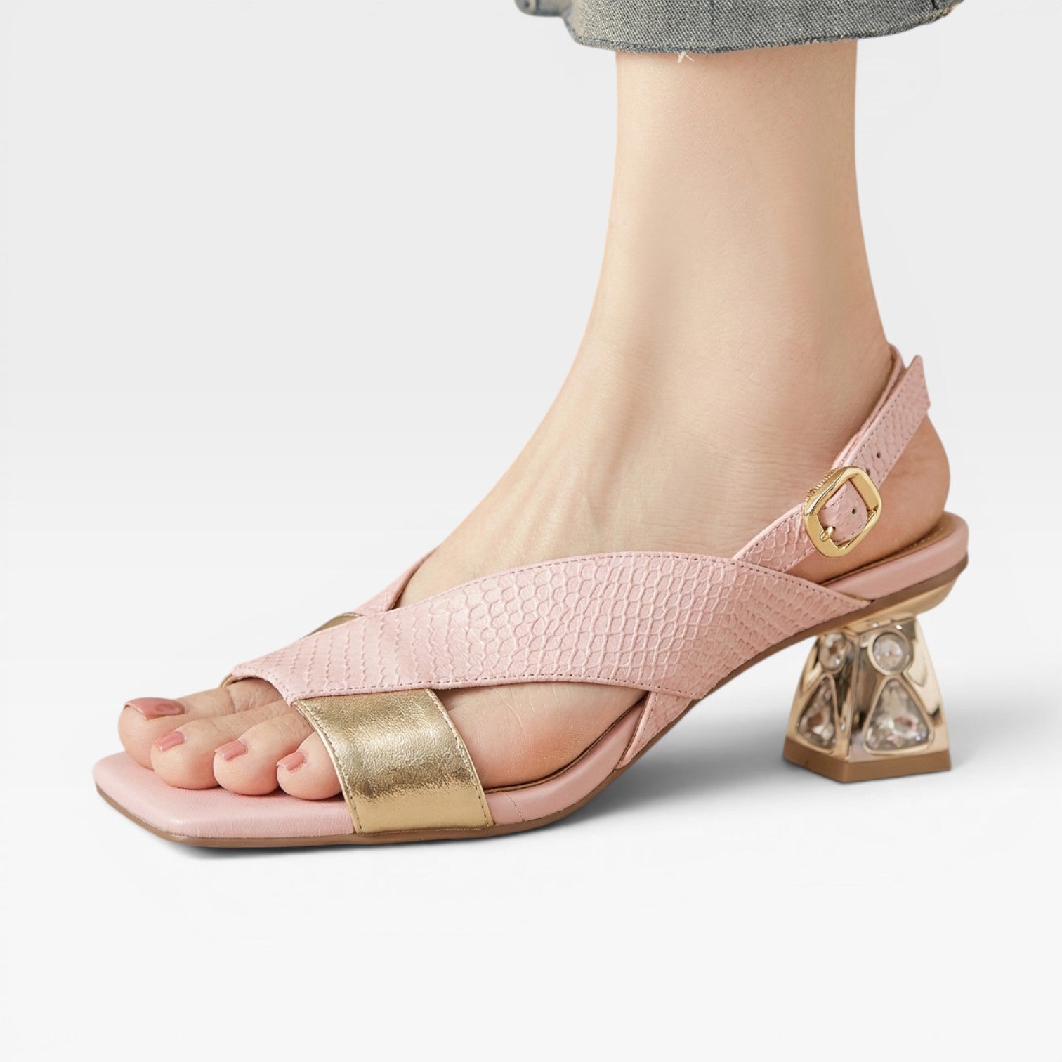 Women's Genuine Leather Sandals – Sculpted Crystal Heel Slingback Pumps for Special Occasions