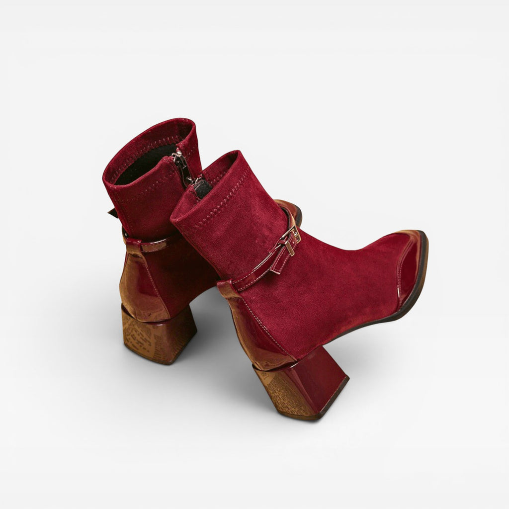 Women's Ankle Boots – Square Toe Patent Trim Block Heel Buckle Style
