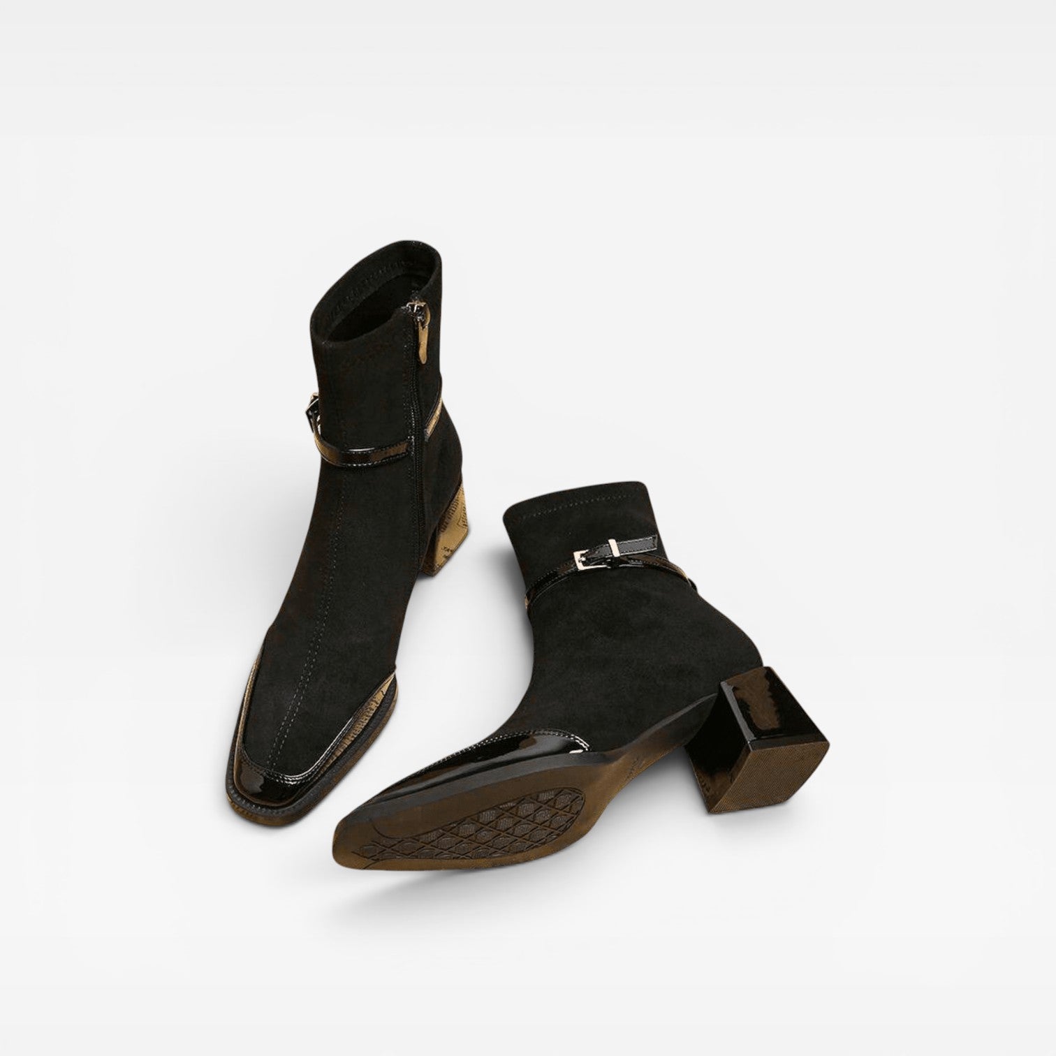 Women's Ankle Boots – Square Toe Patent Trim Block Heel Buckle Style