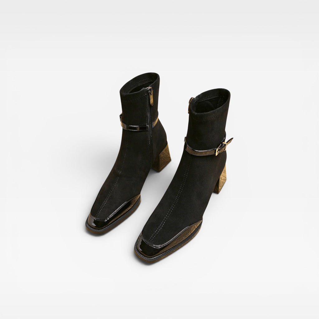 Women's Ankle Boots – Square Toe Patent Trim Block Heel Buckle Style