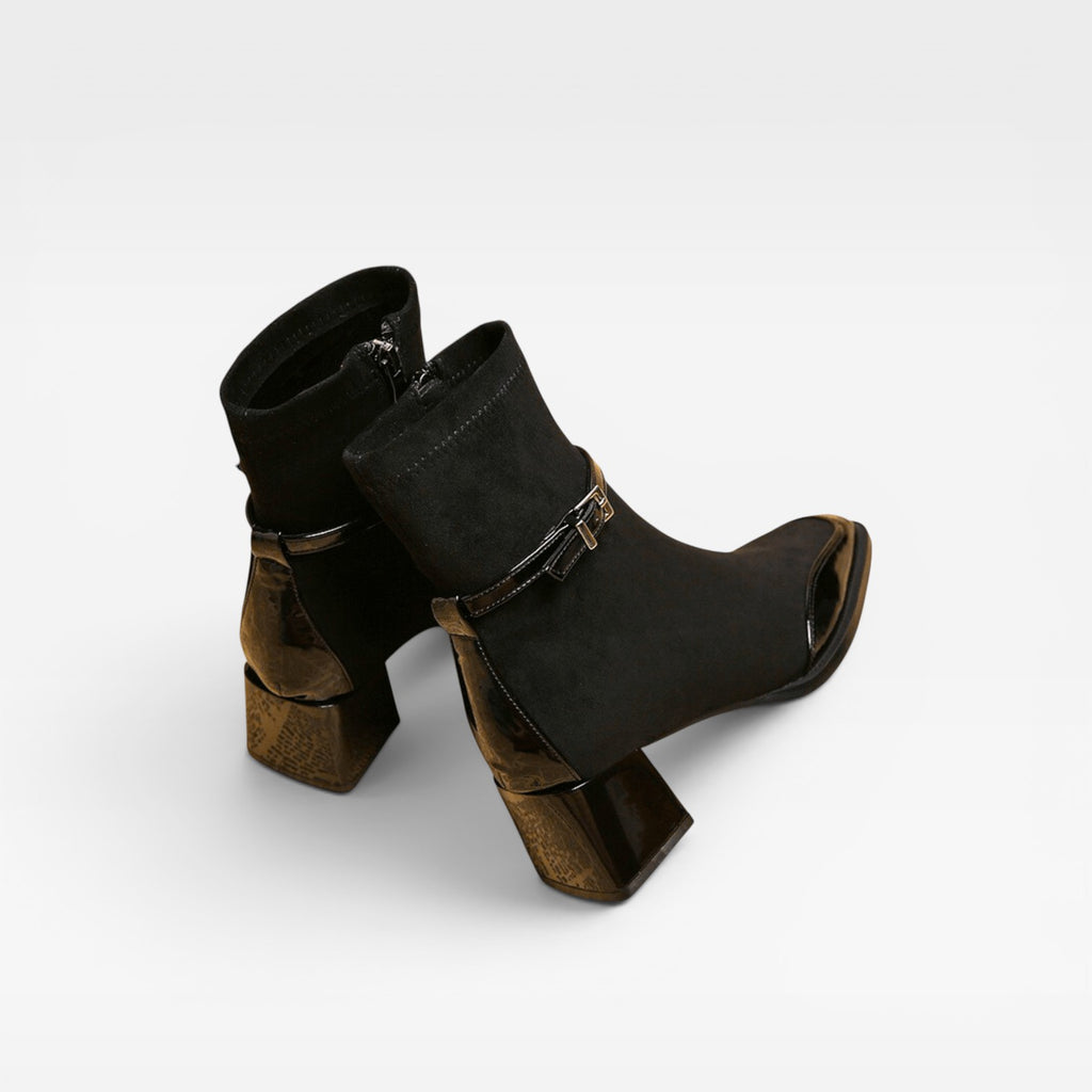 Women's Ankle Boots – Square Toe Patent Trim Block Heel Buckle Style