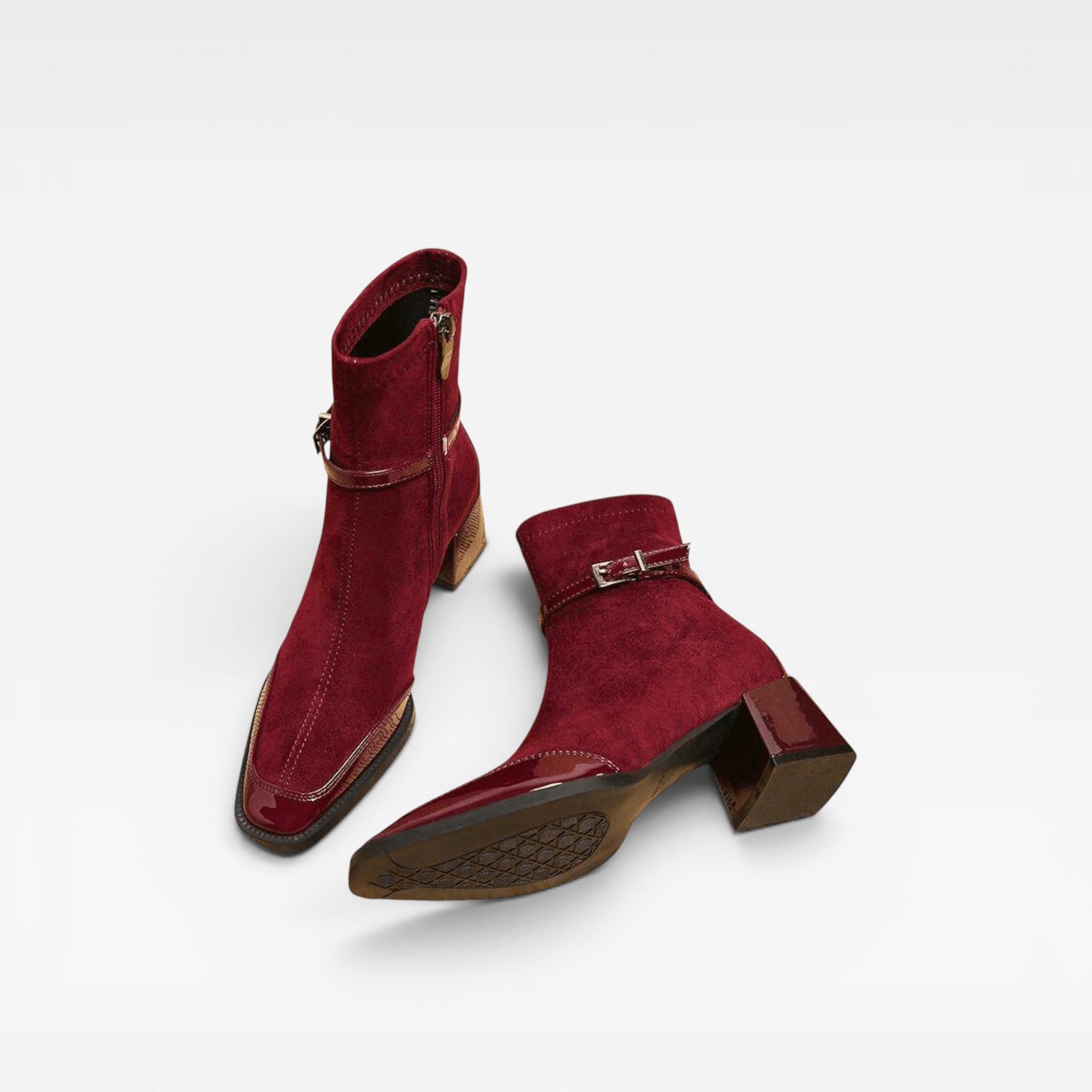Women's Ankle Boots – Square Toe Patent Trim Block Heel Buckle Style