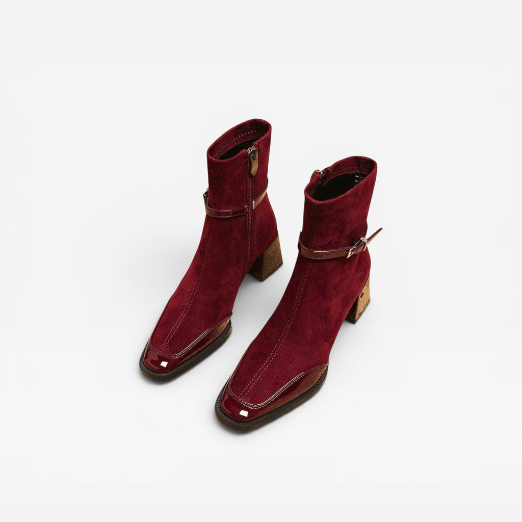 Women's Ankle Boots – Square Toe Patent Trim Block Heel Buckle Style