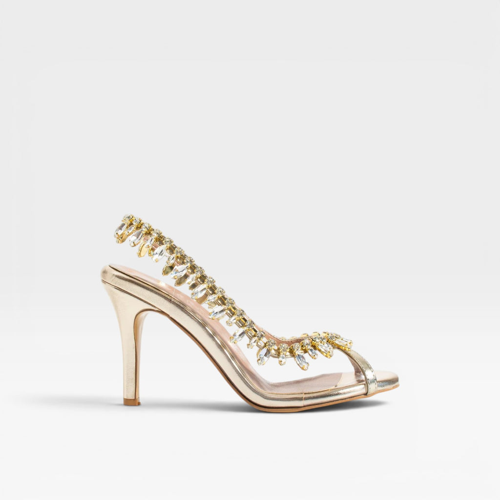 Escarpins à talons chaînes en cristal pour femmes – Talons aiguilles métalliques argentés élégants à lanières pour invitées de mariage et occasions spéciales