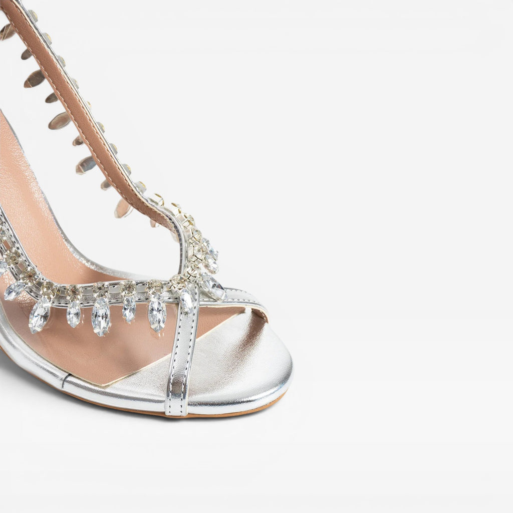 Escarpins à talons chaînes en cristal pour femmes – Talons aiguilles métalliques argentés élégants à lanières pour invitées de mariage et occasions spéciales