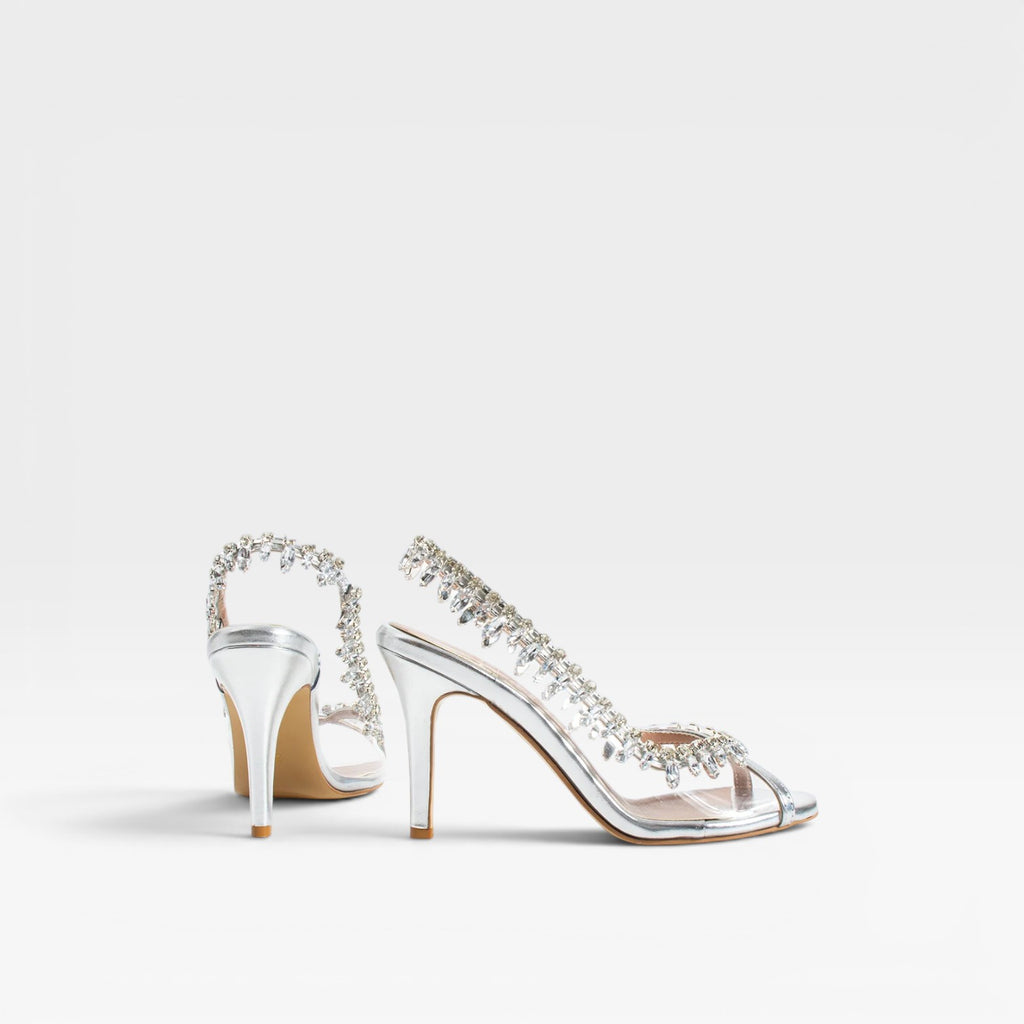 Escarpins à talons chaînes en cristal pour femmes – Talons aiguilles métalliques argentés élégants à lanières pour invitées de mariage et occasions spéciales