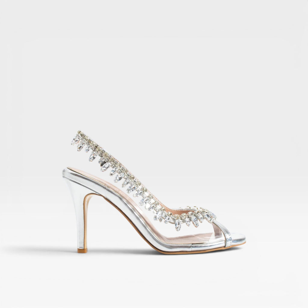 Escarpins à talons chaînes en cristal pour femmes – Talons aiguilles métalliques argentés élégants à lanières pour invitées de mariage et occasions spéciales